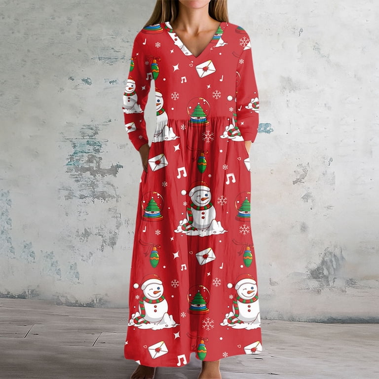 deep red christmas dress Christmas Dresses for Women Women's Fashion Dress Spring V-neck Long Sleeve  Dress with Christmas Print for Holiday Party,Deep Red,L