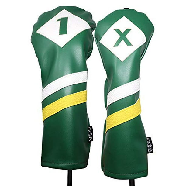 Majek Retro Golf Headcovers Green White and Yellow Vintage Leather