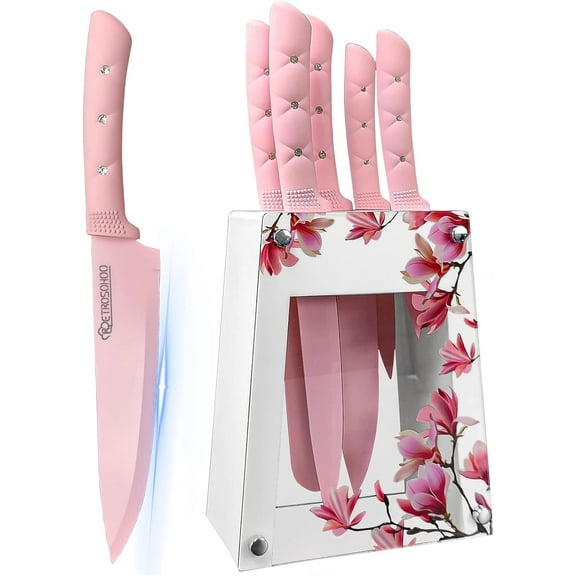 6-Piece Pink Stainless Steel Kitchen Knife Set with Acrylic Stand - Non-Stick Coating, Sharp Blades, Gift Box for Women & Girls, Ergonomic Handle, Easy Clean (Chef, Bread, Utility, Fruit Knives)