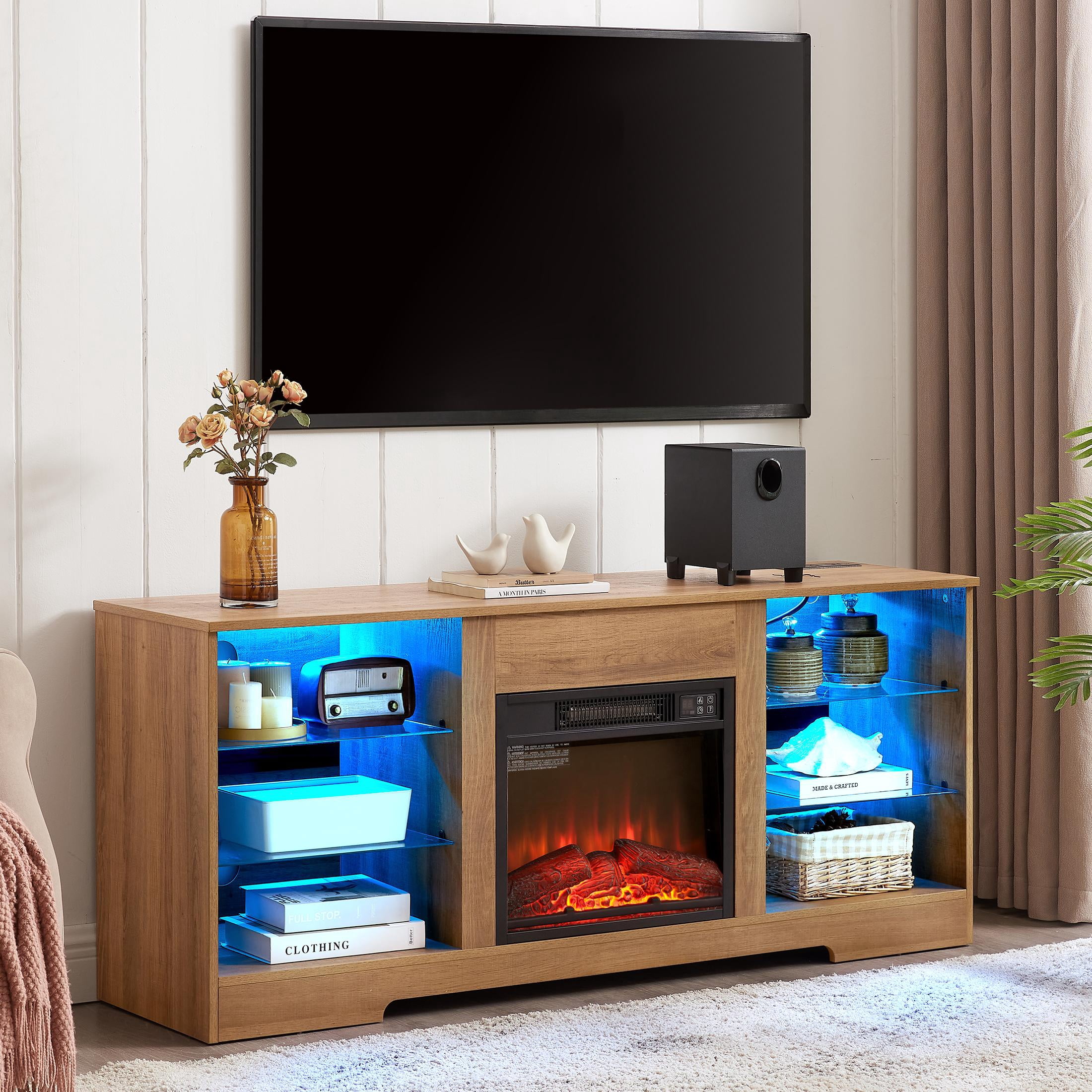 SESSLIFE Fireplace TV Stand for 65 Inch TV, Farmhouse TV Stand with Storage Shelves, Entertainment Center with 3D Flame Electric Fireplace Heater, Oak