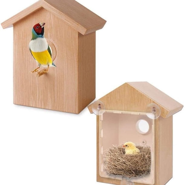 Casa para pájaros con ventosa fuerte, casa para pájaros de madera, ventana transparente, comedero para pájaros, jaula nido para pájaros al aire libre