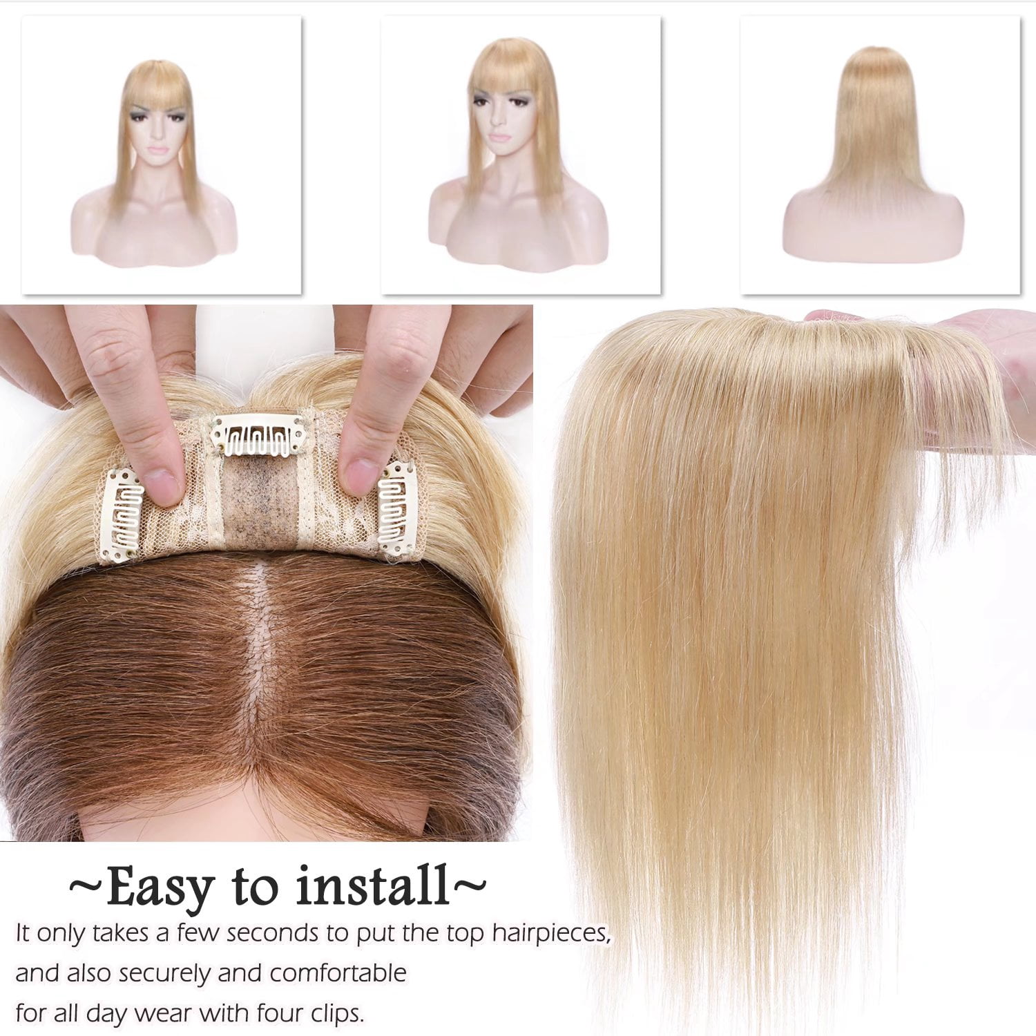 Benehair Clip In Remy Human Hair Extensions Silk Base Topper Hairpiece With Bangs Toupee Wig for Women Hair Loss 4 clips Blonde
