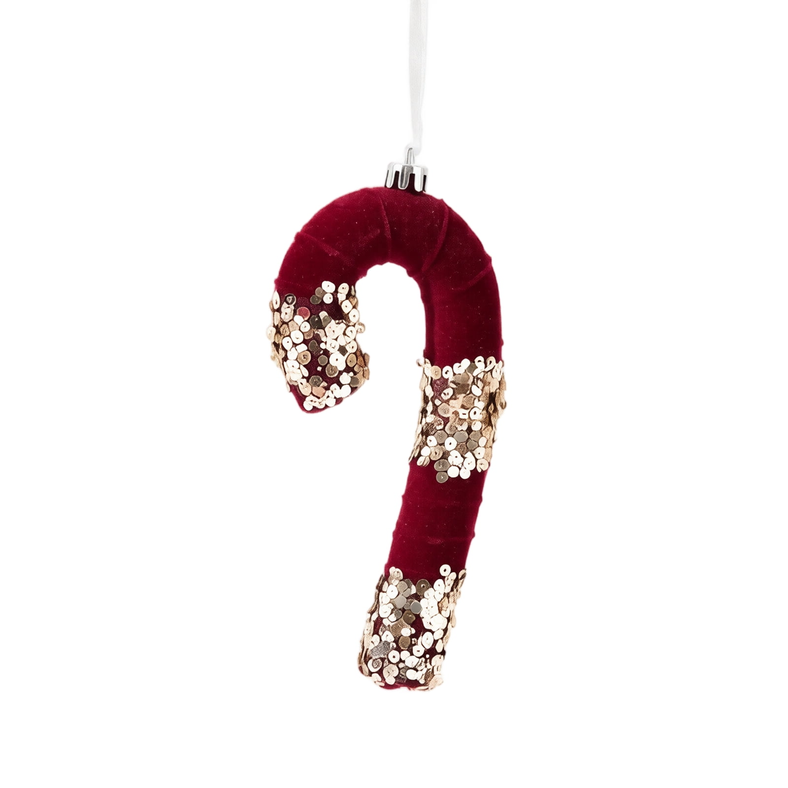 Candy Cane Christmas Decoration with Flocked Velvet and Gold Sequins Single Piece Burgundy and Gold for Christmas Tree Hanging Ornament