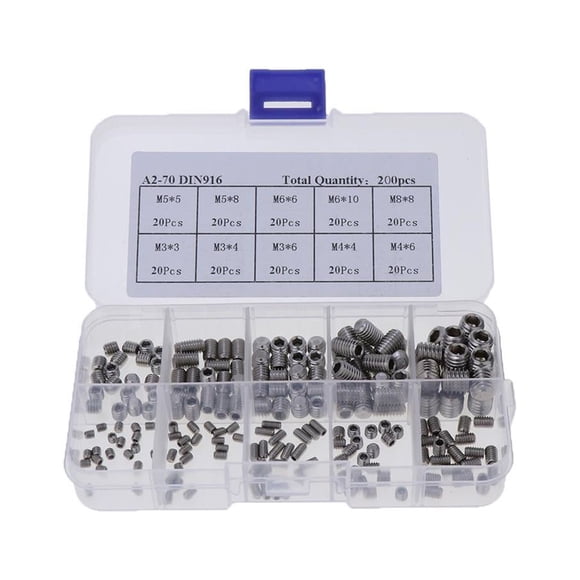 Almencla 200pcs Hex Grub Screws M3 M5 M6 M8 Practical Hexagon Set Screw with Storage Case grub
