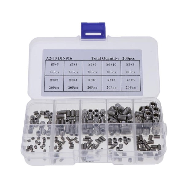 Juego de 200 tornillos prisioneros hexagonales M3, M5, M6 y M8 para cerraduras de productos electrónicos Gusano de plata
