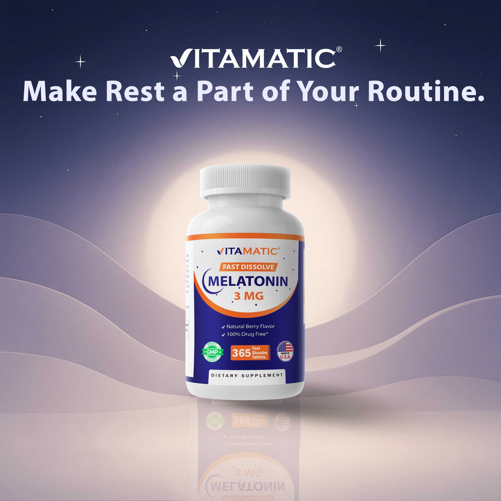 (3 pack) Vitamatic Melatonin 3mg Tablets | Vegetarian, Non-GMO, Gluten Free | 1 Year Supply | Natural Berry Flavor - 365 Tablets