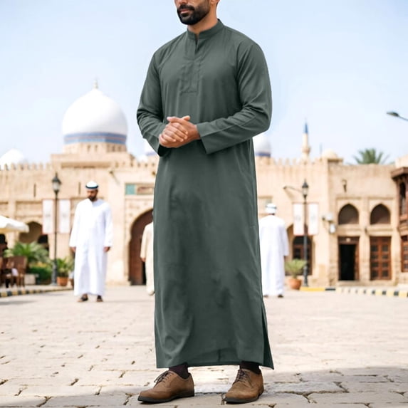 Thobe Long Sleeve Stand Collar Traditional Arab Robe Loose Fit Prayer Garment With Side Slits/Army Green/XXL