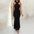 thumbnail image 2 of Halter Ballgown Formal Cocktail Dress for Women Olyvenn Criss Cross Neck Sparkly Sequins Solid Sundress Slim Fit Flowy Hip Wrap Wedding Guest Smocked Off Shoulder Sleeveless Prom Dress Black 6, 2 of 9