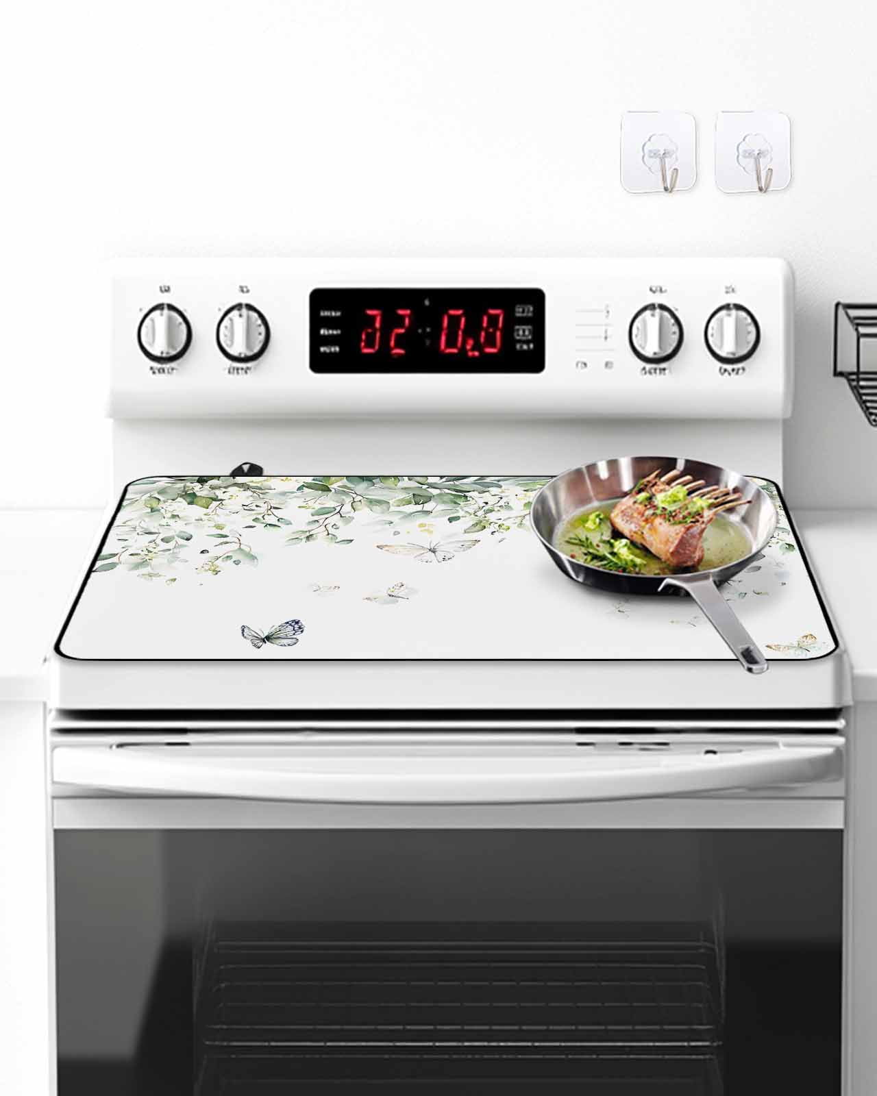 Stove Top Covers for Electric Stove, Eucalyptus Glass Stovetop Cover Protector, Butterfly Sage Green Leaf Farmhouse Plant Induction Cooktop Protector Oven Mat for Kitchen Countertop 24"x21"