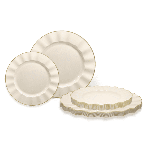 " OCCASIONS " 120 Plates Pack,(60 Guests) Heavyweight Premium Wedding Party Disposable Plastic Plates Set -60 x 10.25'' Dinner   60 x 7.5'' Salad / Dessert (Bloom Ivory and Gold)