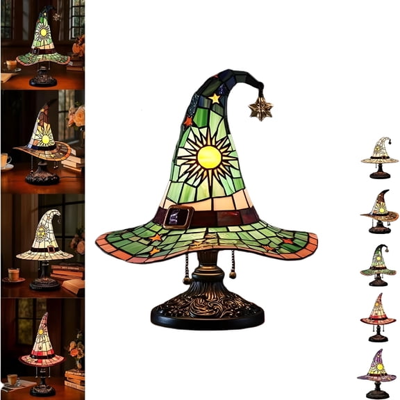 HIBIBUD Witch Hat Lamp Stained Glass Resin Light - Hand Painted Gothic Table Lamp with USB Power, Warm Ambient Night Light for Bedroom, Desk, and Halloween Haunted House Decor