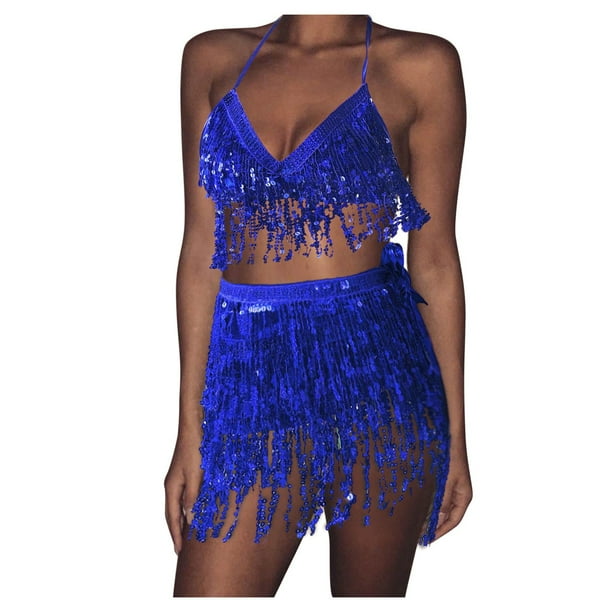 Conjunto de traje de danza del vientre con lentejuelas para mujer - Chaleco + falda, poliéster/lentejuelas, talla única - Con borlas/ropa de fiesta