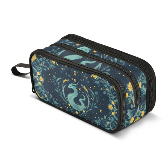 FORMRS Pencil Case with 3 Compartments Zipper Pouch, Elementary School Level and up, Green Dragon Flowers