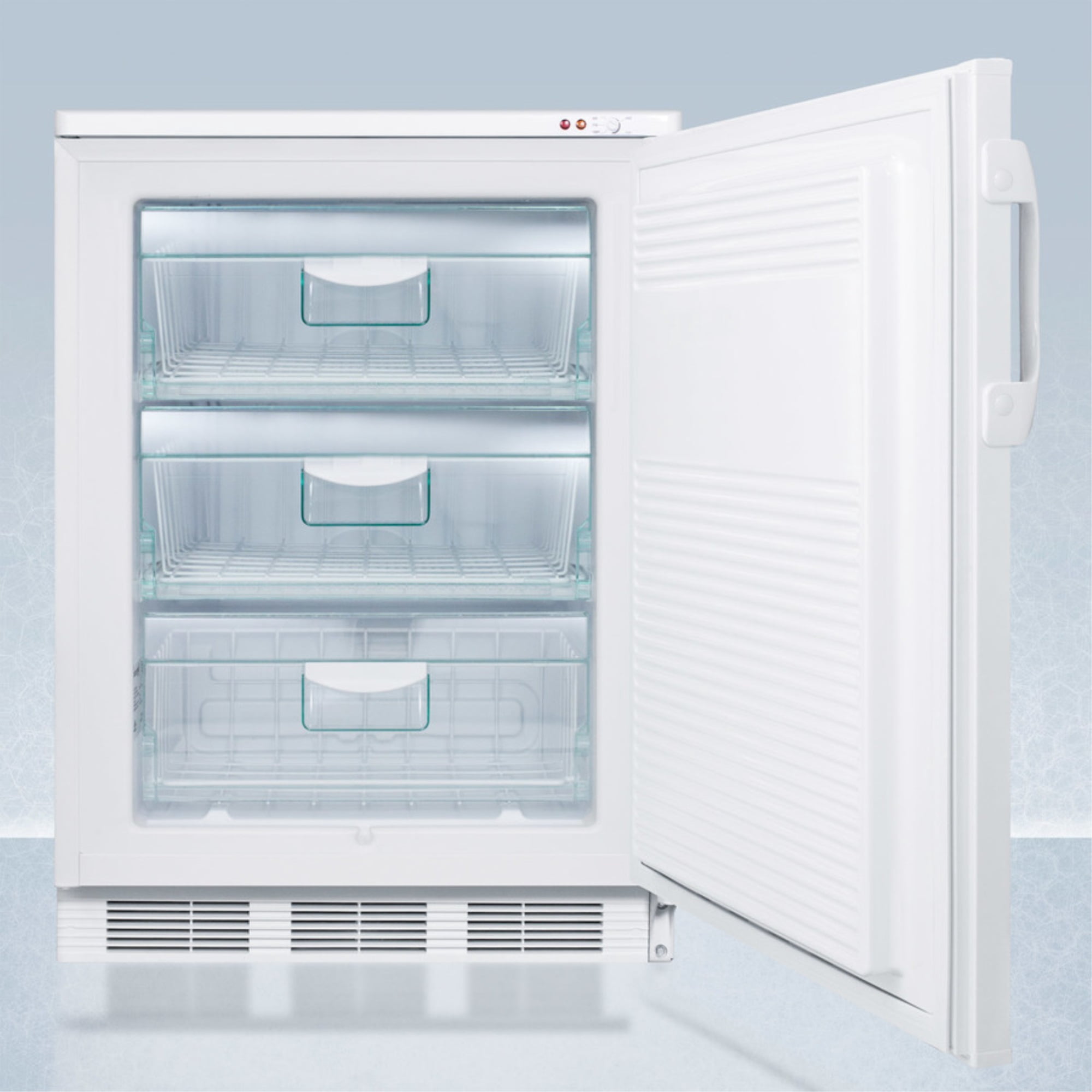 24" wide -25C all-freezer for freestanding use, manual defrost with a lock and probe hole for user-installed monitoring equipment