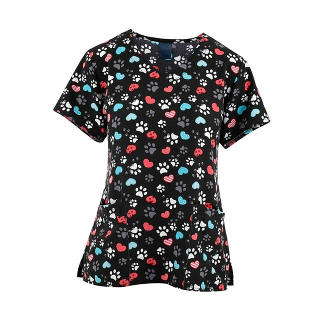 Top médico con cuello en V para mujer, top médico para enfermería, centro de belleza SPA y cuidado de mascotas Negro