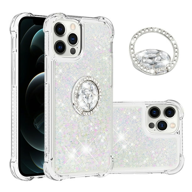 Funda para iPhone 12 Pro con Brillo Líquido Flotante, Purpurina, Parachoques y Anillo Giratorio Soporte