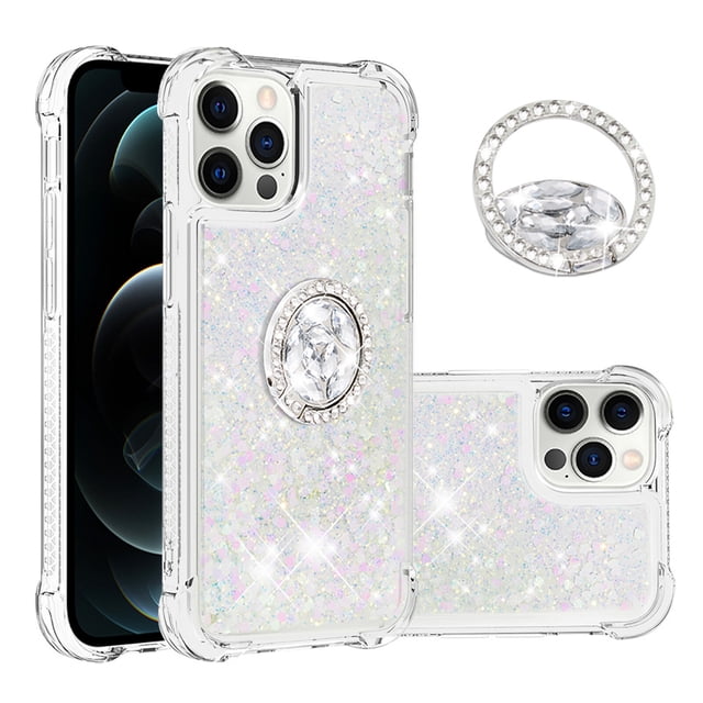 Funda para iPhone 12 Pro con Brillo Líquido Flotante, Purpurina, Parachoques y Anillo Giratorio Soporte