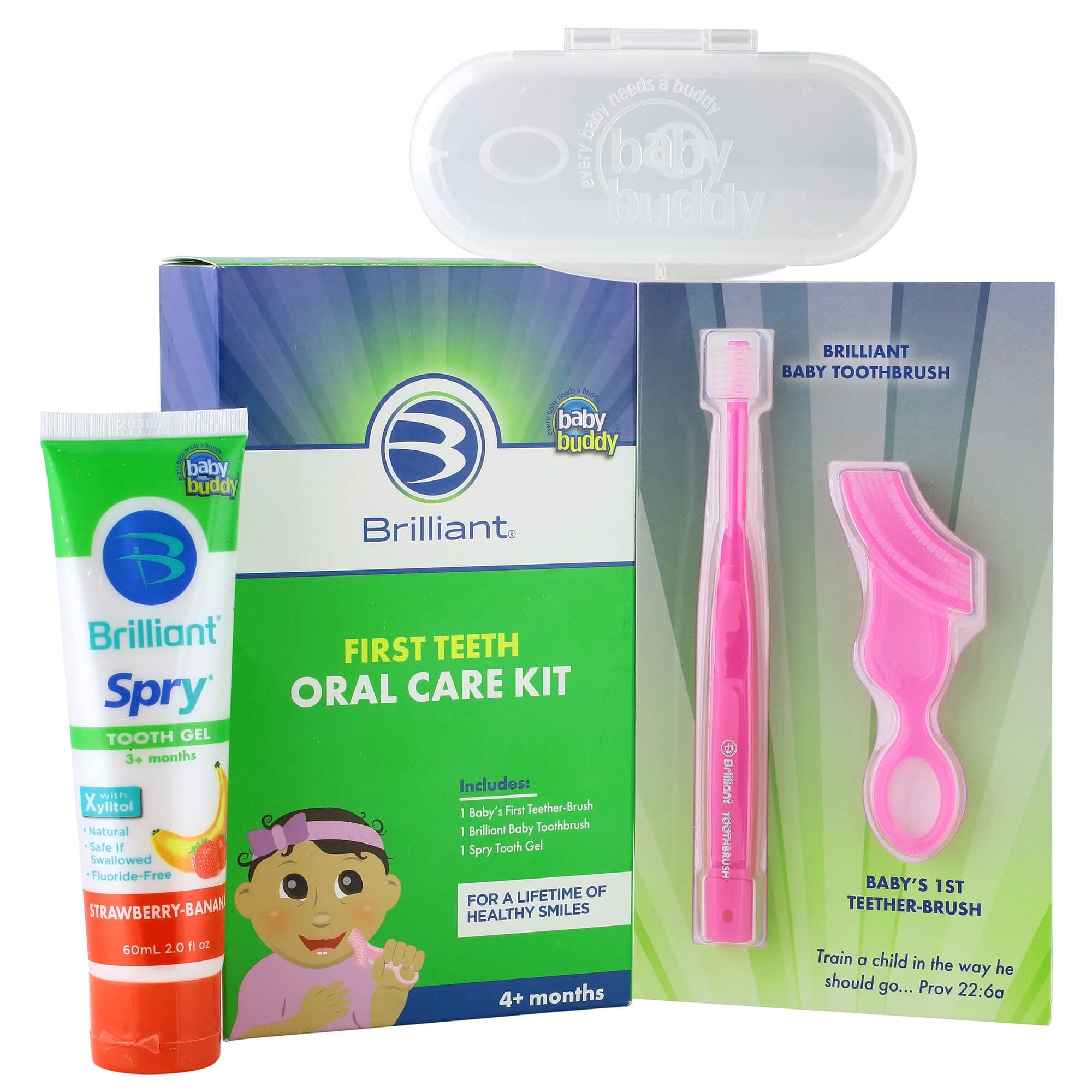 Brilliant First Teeth Oral Care Kit with Chewing Toothbrush, Round Head Baby Soft Toothbrush, and Xylitol Tooth Gel - Pink - 4+ Mos