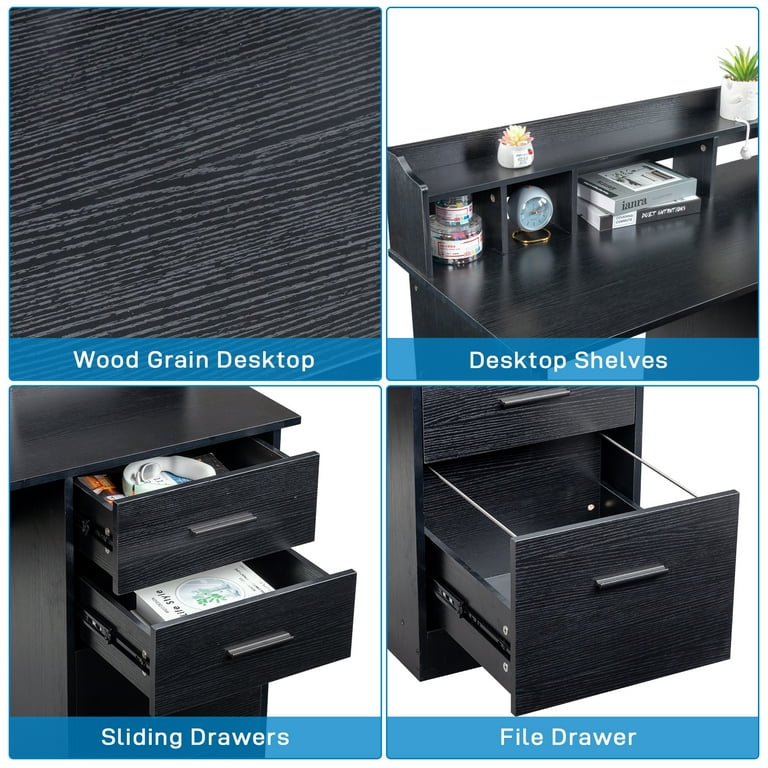 Ktaxon Wood Computer Desk Office Laptop PC Work Table Writing Desk with 3 Drawers File Cabinet for Letter Size Black