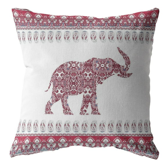 16â€ Red White Ornate Elephant Indoor Outdoor Throw Pillow
