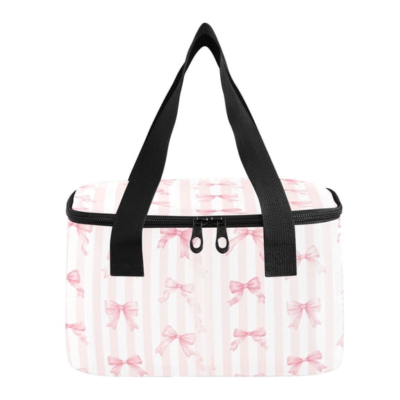 6L Insulated Lunch Bag Square Handheld Cooler Tote Delicate Pink Bow Striped Reusable Thermal Bag with Polyester & Aluminum Lining for Work Picnic Travel