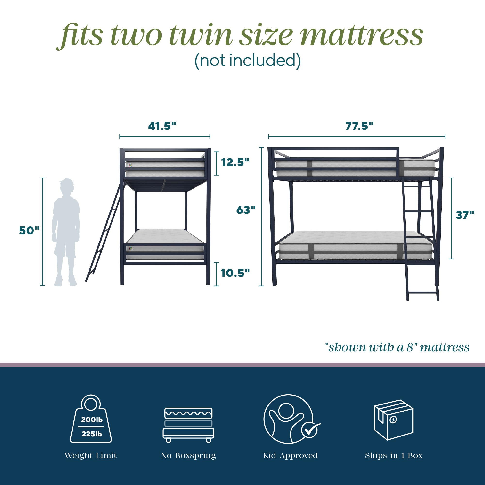 Novogratz Maxwell Twin-Over-Twin Metal Bunk Bed with Ladder and Guardrails, Easy Assembly, Navy Blue