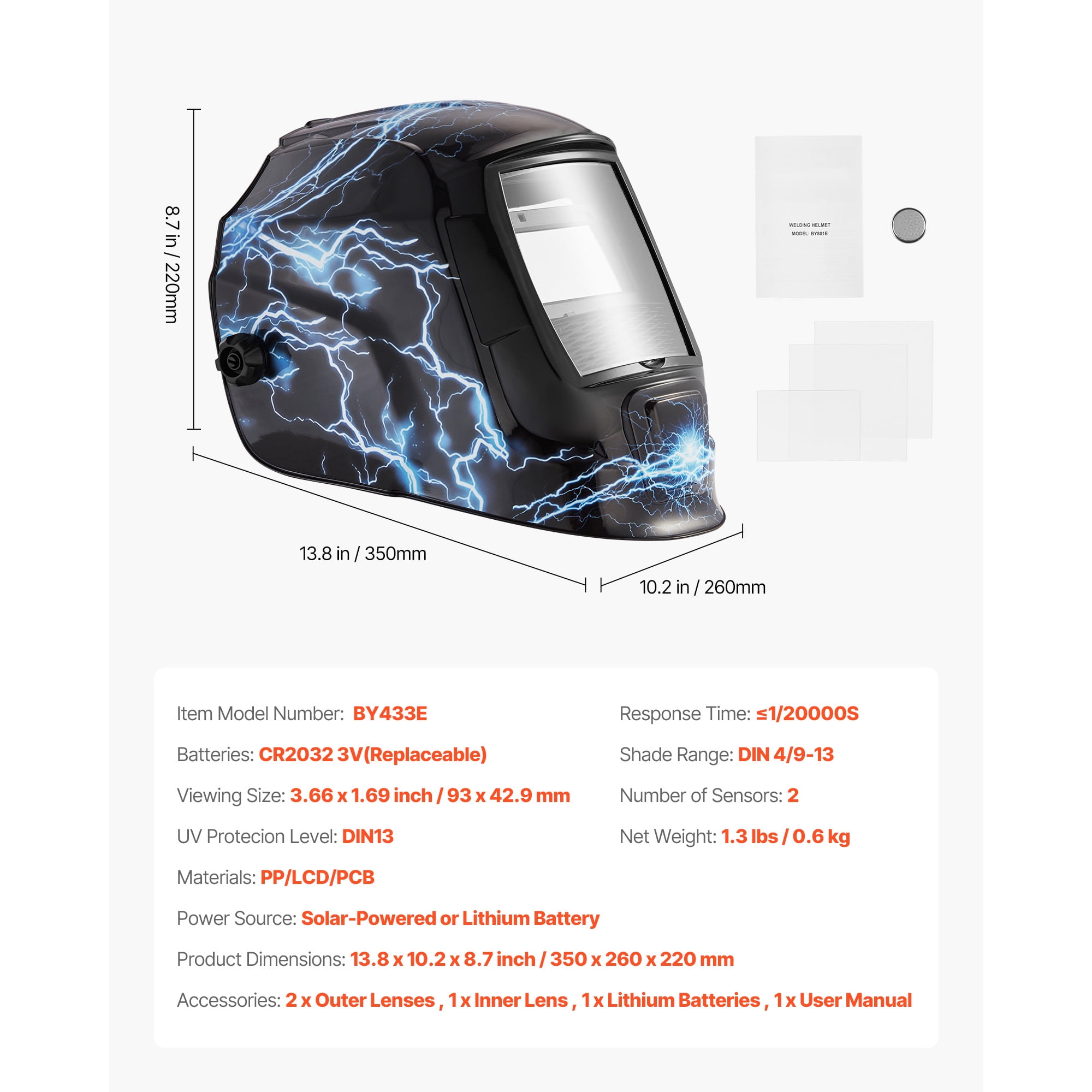 KFFKFF Auto-Darkening Welding Helmet, 3.66" x 1.69" True Color Viewing Area, Solar-Powered Mask with 2 Arc Sensors, Adjustable Shade Range 4/9-13 for TIG, MIG, ARC Welding and Grinding