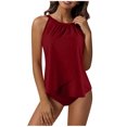 thumbnail image 4 of MGDXOX Women's Halter Neck Tankini Set Ruffled Layered Two Piece Swimsuit Tummy Control Solid Fashion Bathing Suit Red L, 4 of 8