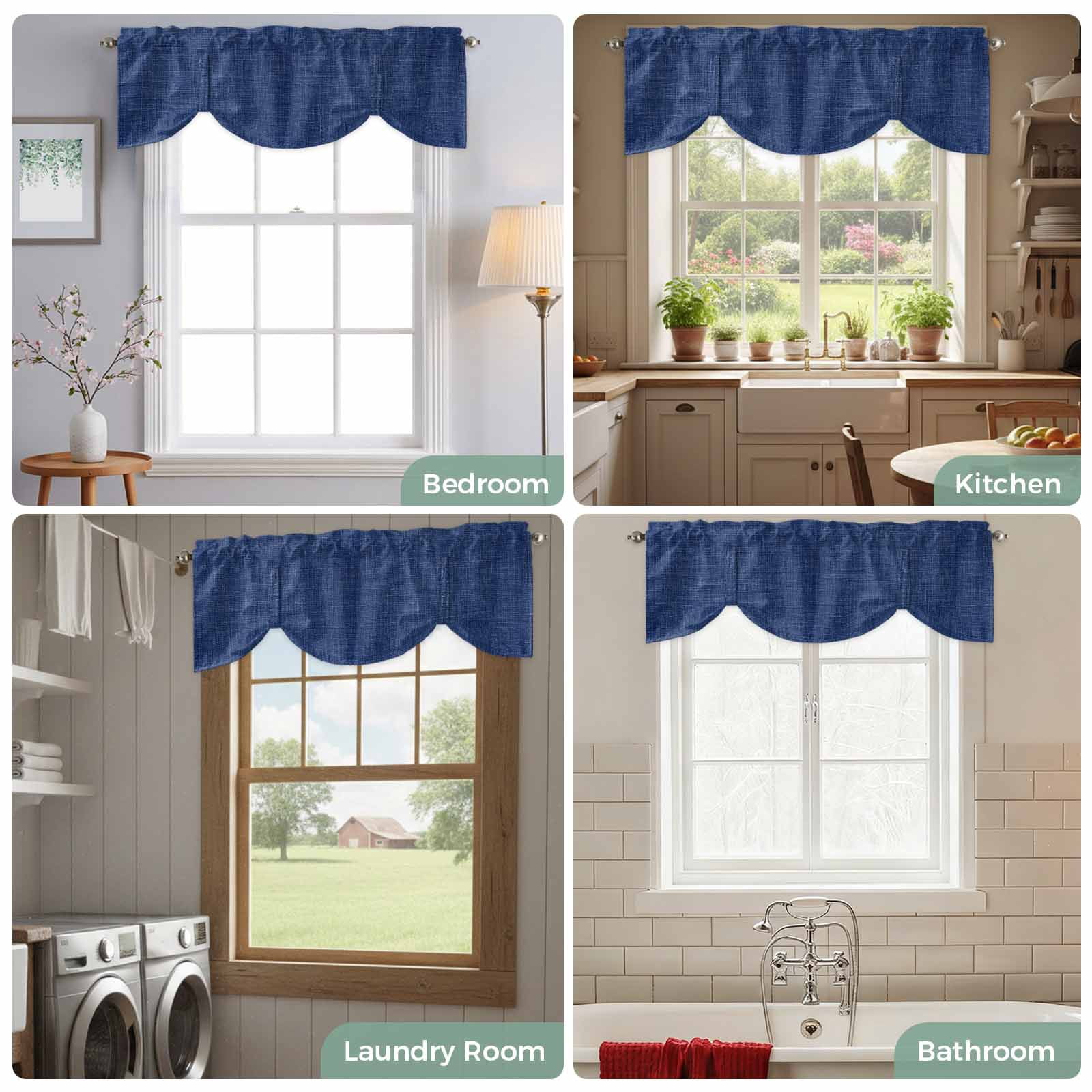 Vintage Navy Blue Tie Up Valance Curtains for Windows, Kitchen Curtains Window Treatments, Farmhouse Retro Dark Solid Color Linen Texture Short Window Valances for Bedroom Bathroom Cafe 42"x18"