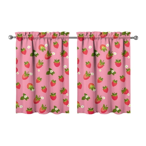 Summer Strawberry Inspired Kitchen Curtains Set - 2 Pack Fresh Fruit & Floral Design, 27.5x36 Inch Rod Pocket Tier Curtains, Light Filtering