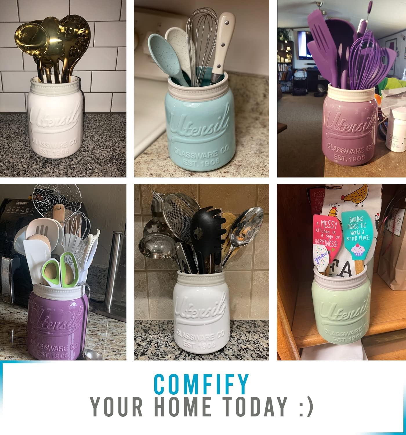 Comfify Ceramic Mason Jar Utensil Holder, Farmhouse Kitchen Countertop Organizer for Spoons, Spatulas & Cooking Tools, Decorative Green