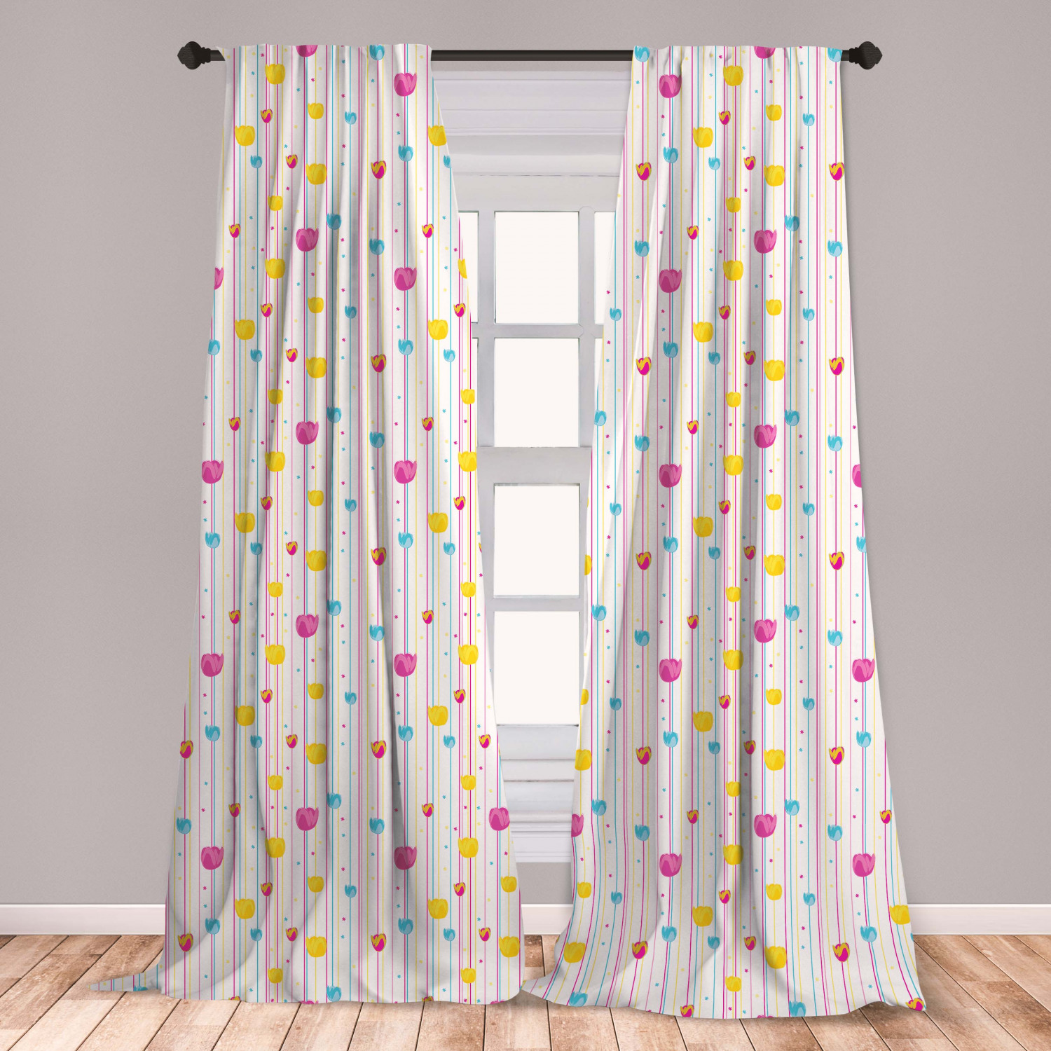 Yellow and Blue Curtains 2 Panels Set, Vertical Thin Stripes with