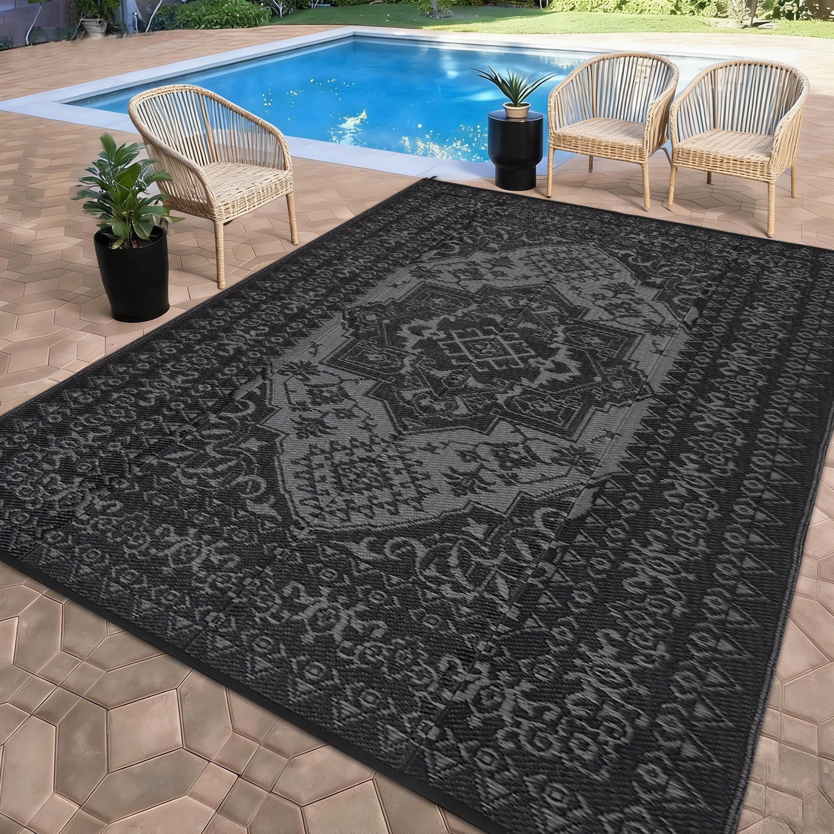 Garvee Outdoor Rug 9'x12' Waterproof Reversible Plastic Straw Rug, Indoor Outdoor Rug for Patio RV Camping Balcony Deck Backyard, Black & Gray