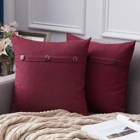 

MIULEE Set of 2 Linen Throw Pillow Covers Cushion Case Triple Button Vintage Farmhouse Pillowcase for Couch Sofa Bed Decor 16x16 Inch Cranberry Red