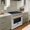 thumbnail image 3 of Akicon 36" Slide-in Freestanding Professional Style Gas Range with 5.2 Cu. Ft. Oven, 6 Burners, Convection Fan, Cast Iron Grates, & Blue Porcelain Oven Interior, In White with Gold, 3 of 9
