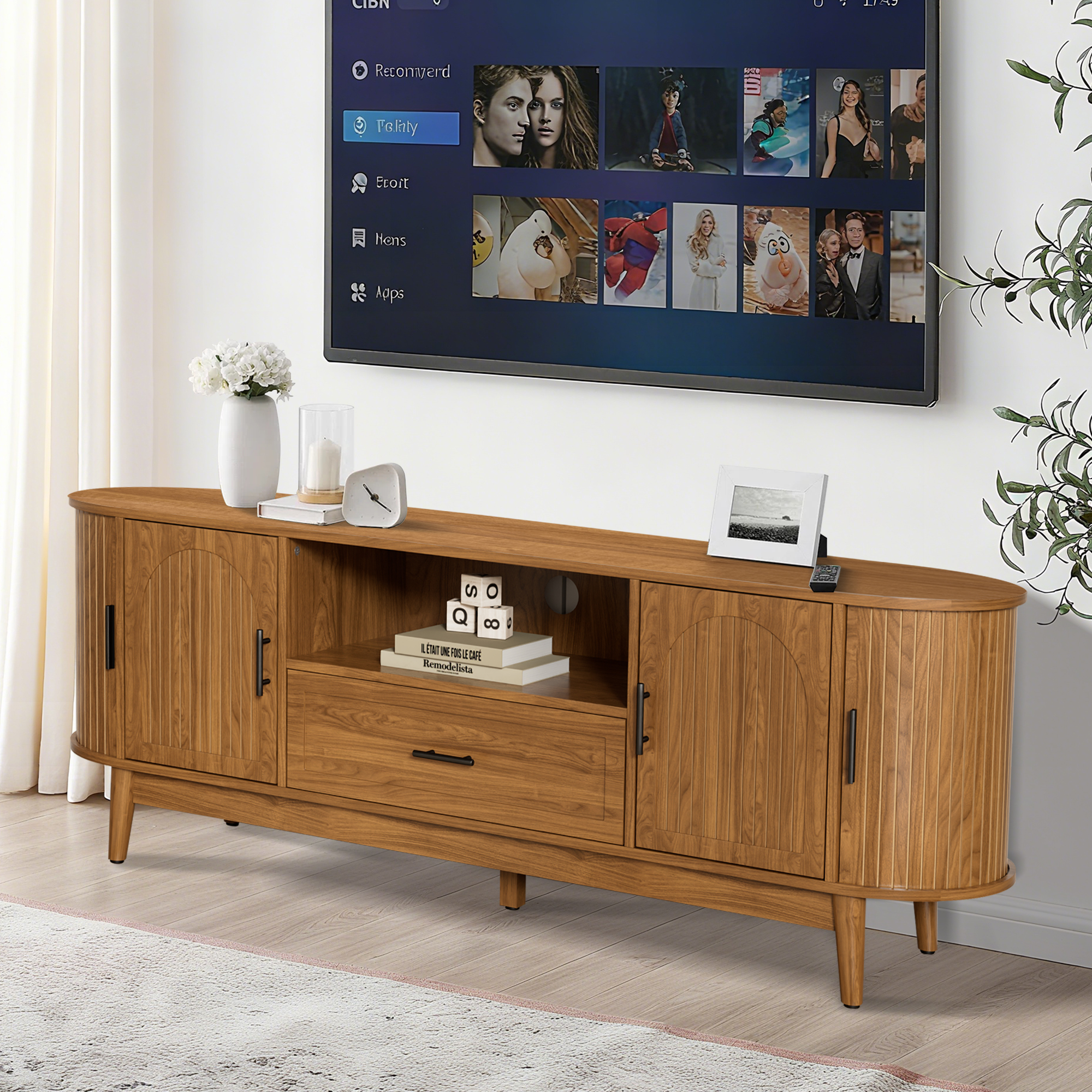 63" TV Stand for Tvs up to 70", Mid Century Modern Fluted Entertainment Center with Drawer and Fluted Doors, Media Console for Living Room Bedroom, Walnut