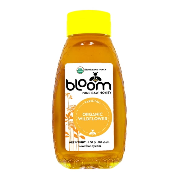 Bloom Honey Organic Wildflower - 100% Pure Organic Honey Raw Unfiltered and Unpasteurized Raw Honey - 16oz Squeeze Bottle