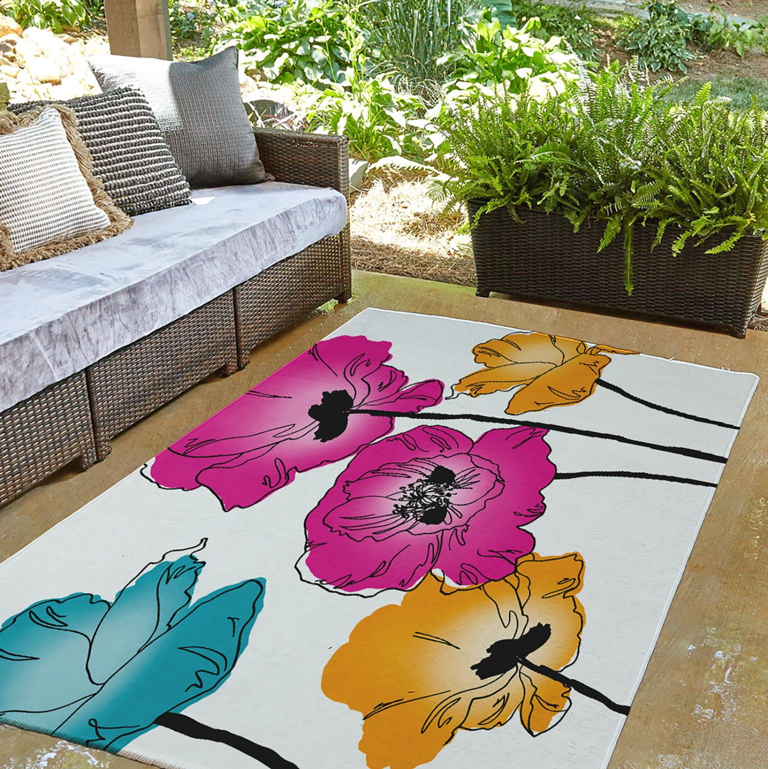 Simply Daisy 3' x 5' Pink Popping Poppies Spring Chenille Indoor/Outdoor Rug