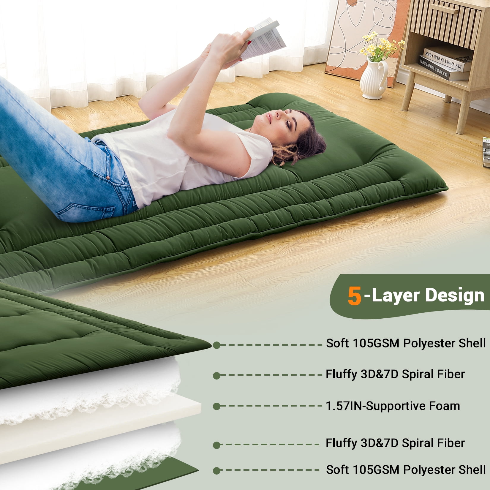 Twin Size Foldable Floor Mattress, Japanese-Style Roll-Up Foam Sleeping Mat, Space-Saving Tatami Floor Bed for Living Room or Bedroom, Army Green