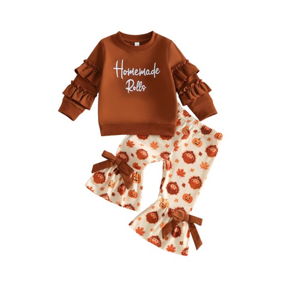 RUINIXCW Toddler Baby Girl Thanksgiving Outfit Kids Little Girl Fall Winter Clothes Homemade Rolls Letter Ruffled Long Sleeve Sweatshirt and Flare Pants Set
