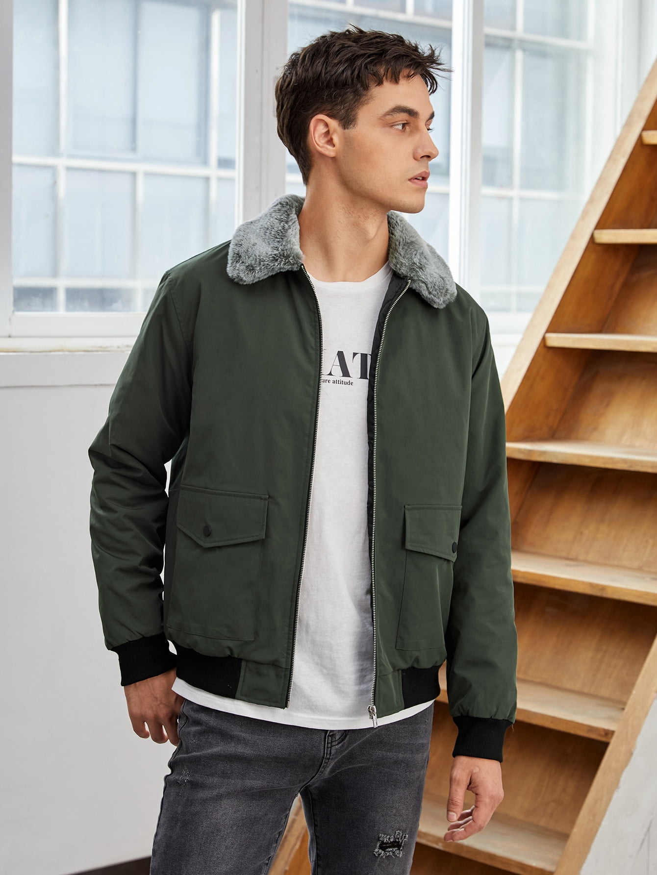 Men Borg Collar Flap Pocket Zipper 