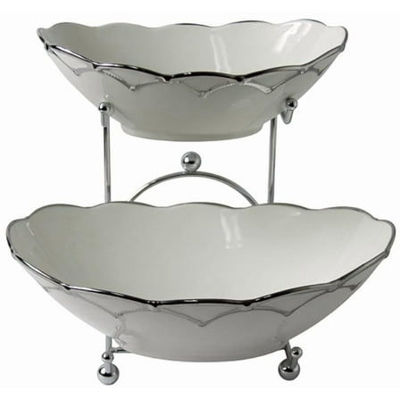 Two Tiered Ceramic Serving Bowls Plates Fruits Nuts Food Party Dish Decoration Ceramico Large Silver Metal Base
