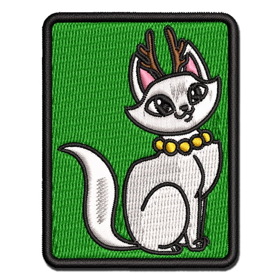 Cute Kitty Cat Reindeer Christmas Applique Multi-Color Embroidered Iron-On Patch - 2.5 Inch Small