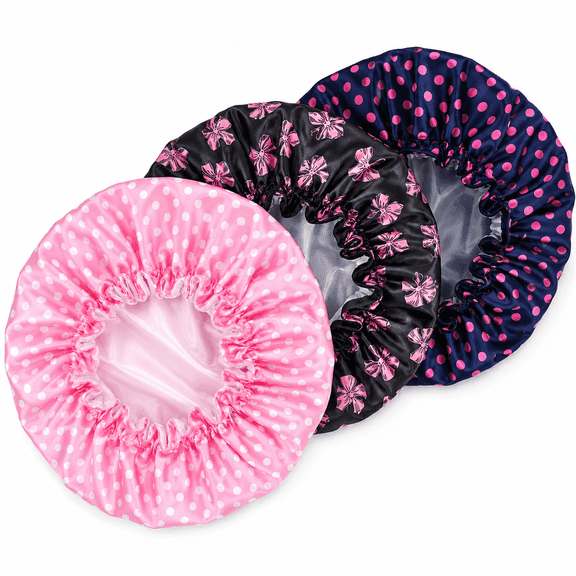3Pcs Shower Cap for Women, Waterproof Double Layer Bath Caps PEVA Reusable Shower Caps, Elastic Band Bath Hair Hat for Ladies Spa Salon