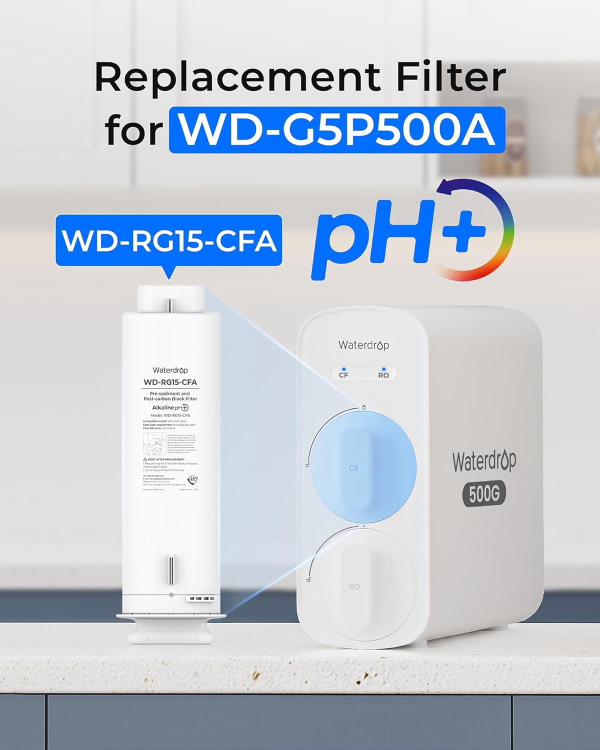 Waterdrop WD-G5P500A-CF Filter, Replacement for WD-G5P500A Undersink Reverse Osmosis System, 6-month Lifetime
