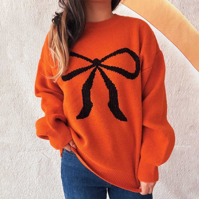 Ailaofu Womens Fall Winter Casual Sweater Cute Bow Crewneck Long Sleeve Baggy Knit Sweatshirt Top Trendy Aesthetic Clothes