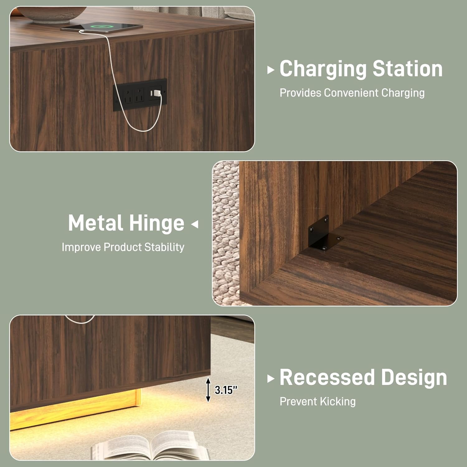 ANPOO 32"  Minimalist Modern Square Coffee Table with LED Light & Power Outlet, 2-Tier Wood Mid Century Table with Storage for Living Room