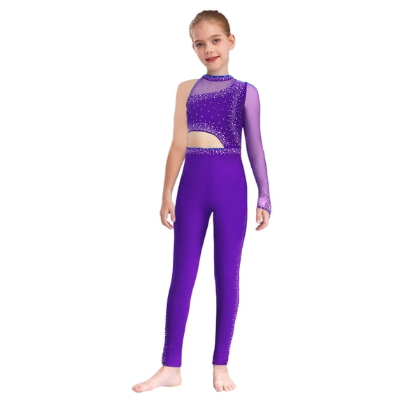 Kaerm Kids Girls Sparkly Rhinestone Full Body Gymnastics Leotard Skating Jumpsuit Unitard Ballet Dance Bodysuit Purple 8
