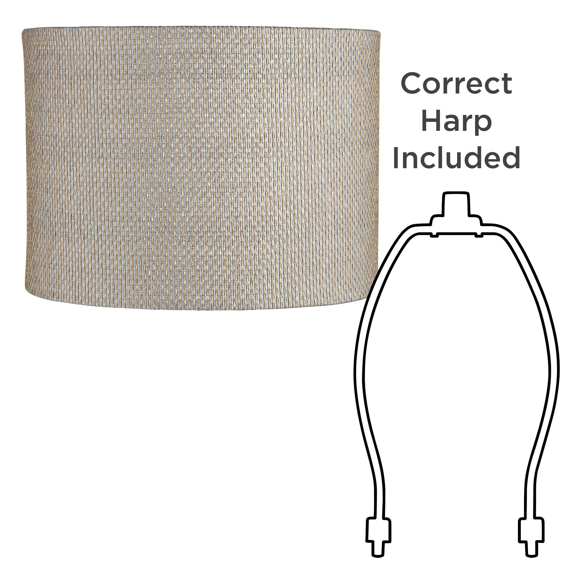 Springcrest Set of 2 Drum Print Lamp Shades Gray Gold Weave Medium 15" Top x 15" Bottom x 10" High Spider Harp and Finial Fitting