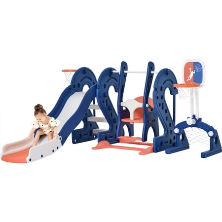 SUGIFT Toddler Slide and Swing Set 6 in 1  Kids Playground Climber Playset   Easy Set Up Playset for Indoor Outdoor Backyard with Soccer Goal  Easy to Store